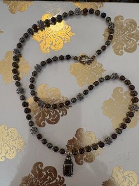 Beaded Chain-Sterling Pendant Smoked Topaz Pendant-Accent Beads